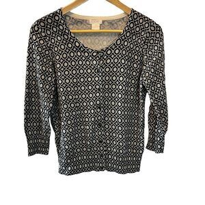 JOE FRESH Grey & Navy Printed Fitted Button Up Cotton Cardigan Sweater L